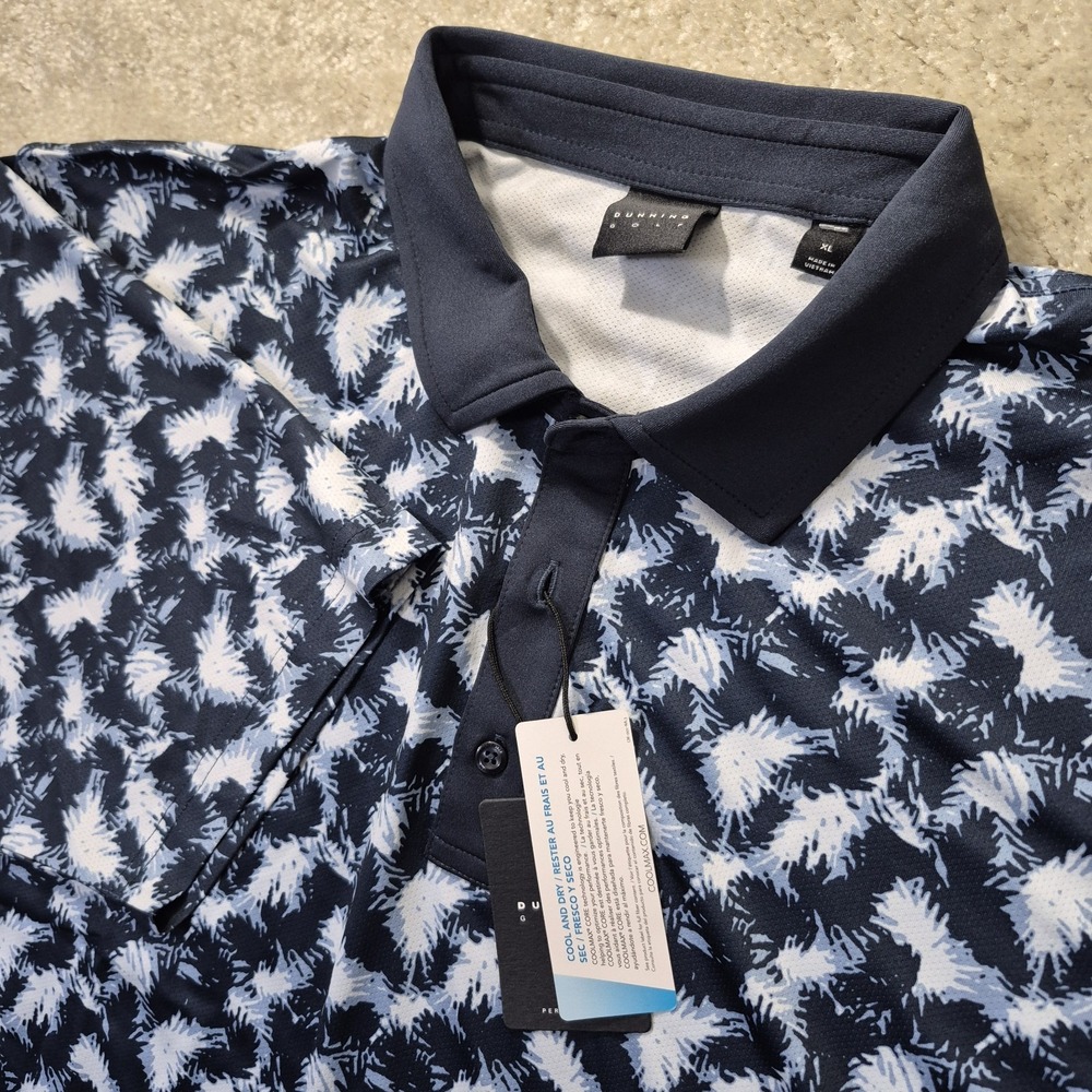 Dunning Polo Shirt Mens XL Blue Geometric Performance Golf Comfort Academia New